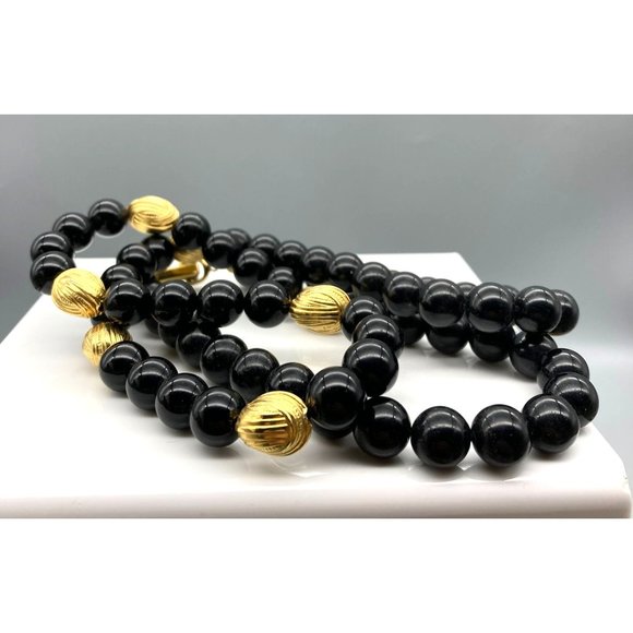 Vintage Black Lucite Necklace with Textured Gold Tone Bead Spacers, Chic Classic - Picture 4 of 4